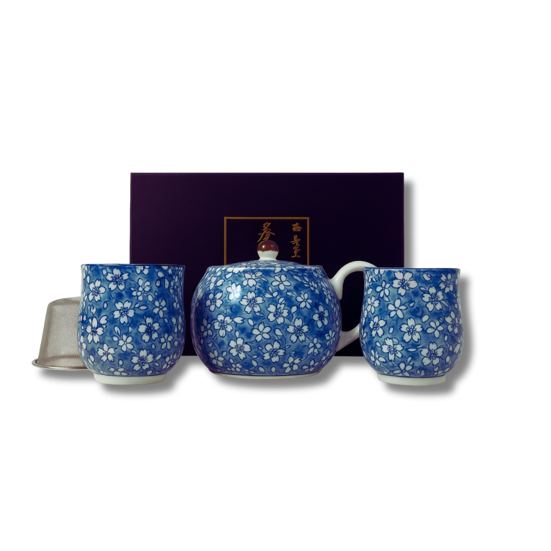 Set Tetera Japonesa Arita Ware Diseño Sakura Azul