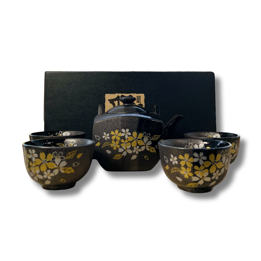 Set Juego Té Japonés Sakura Cuatro Estaciones Diseño Negro